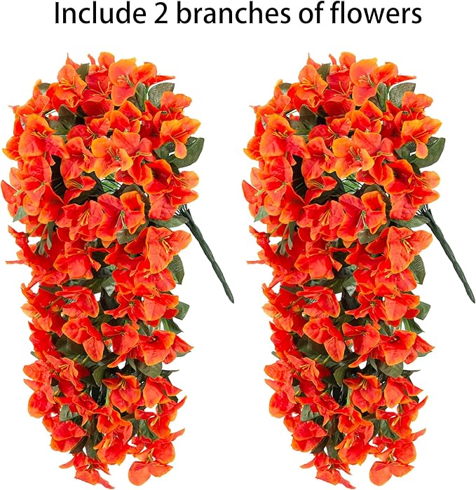 Artificial Bougainvillea Faux Flowers Plants for Outdoors Outside Fall Autumn Decor, 2 PCS Silk Trailing Vines UV Resistant Realistic Orange Fake Flowers for Planter Front Door Porch Patio Balcony-Ruum Studio Home