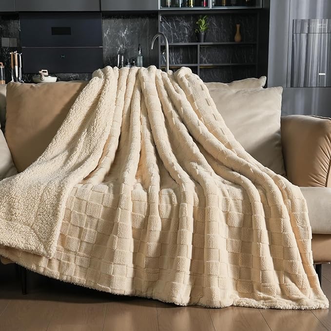 Pawque Super Soft Cozy Throw Blanket for Couch Sofa Bed - Fluffy Sherpa Fleece Reversible Thick Warm Fuzzy Blanket for All-Season, 3D Checkered Jacquard Elegant Decorative Blankets, Khaki, 50" x 60"-Ruum Studio Home