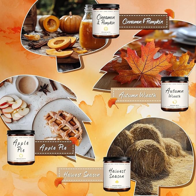 Auelife Fall Candle Set | 4 Pack Scented Candles for Home - Candle Gifts for Women Men, Soy Candles Home Scented | Autumn Fragrance of - Apple Pie/Cinnamon/Harvest/Wreath-Ruum Studio Home