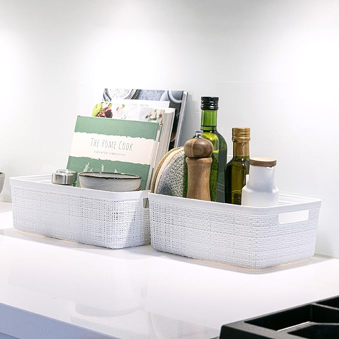 Curver Set of 8 Jute Small Decorative Plastic Organization and Storage Baskets, Perfect Bins for Home Office, Closet Shelves, Kitchen Pantry and All Bedroom Essentials-Ruum Studio Home