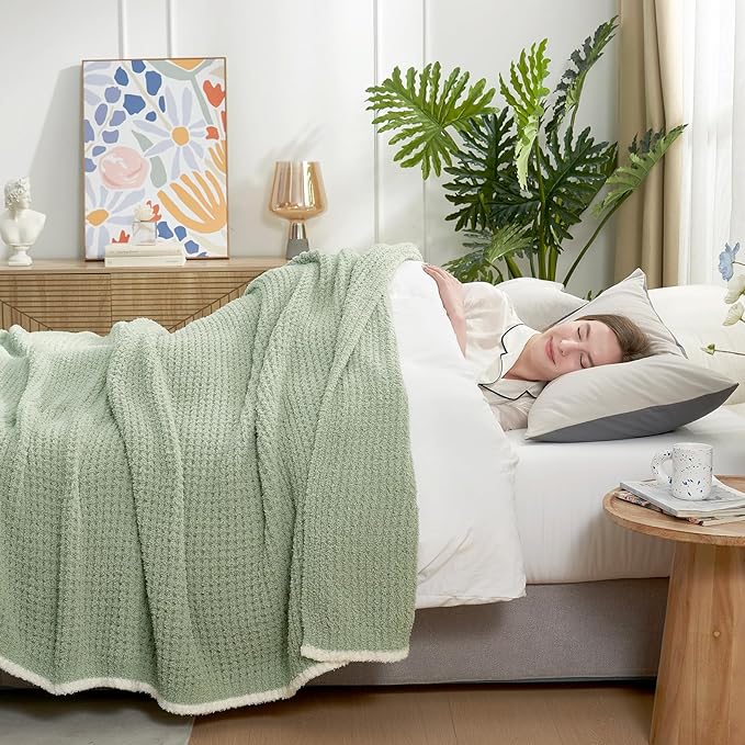 Snuggle Sac Sage Green Waffle Bedding Blankets Queen Size 90x90 inches, Reversible Microfiber Fluffy Fuzzy Soft Throw Cozy Knit Blanket for Women Mothers Birthday Gifts-Ruum Studio Home