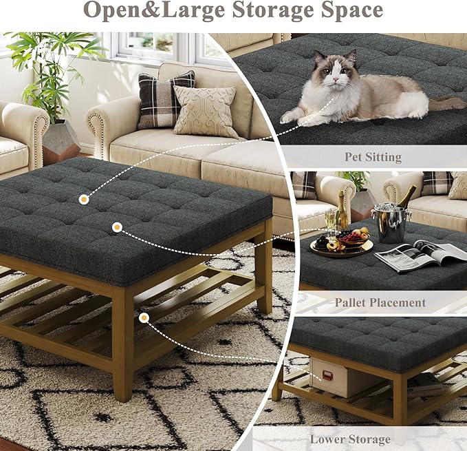 Large Square Ottoman Coffee Table, Linen Solid Upholstered Footrest Ottoman with Solid Wood Shelf Storage Tufted Coffee Table for Bedroom Living Room, Dark Gray-Ruum Studio Home