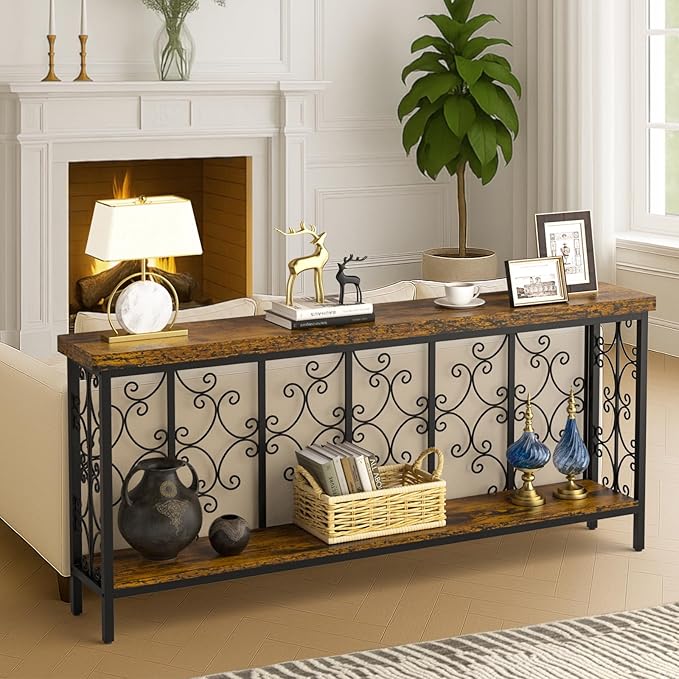 ikkle 70.9" Extra Long Console Table, Industrial Narrow Sofa Table Behind Couch with 2 Tier Storage Shelf, Entryway Hallway Accent Table for Living Room, Foyer, Rustic Brown-Ruum Studio Home