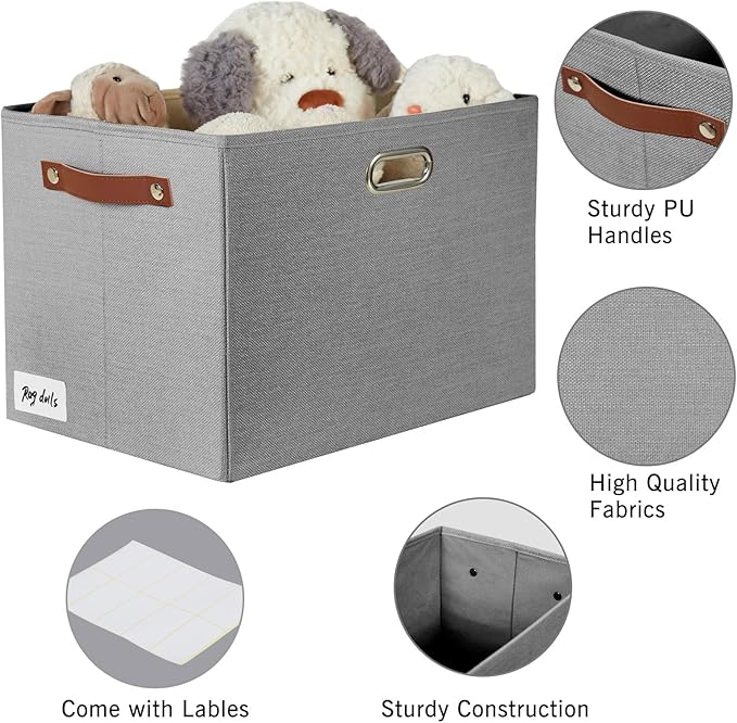 3-Pack Foldable Fabric Storage Bins with Durable PU & Metal Handles, Collapsible Storage Baskets for Shelves, Home Storage, Closet Organizers, Living Room(17"x11.8"x11.8", Grey)-Ruum Studio Home