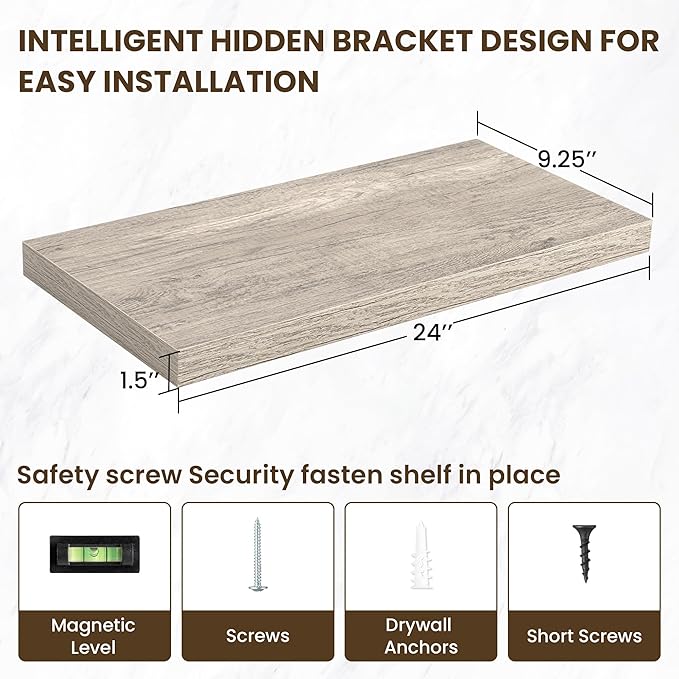 24 Inch Floating Shelves, 3D Textured Wood Grain, 24"x9.25"x1.5" Inch Deep Floating Shelves for Wall, Wooden Shelves for Bathroom, Bedroom, Living Room, Vintage Gray Oak-Ruum Studio Home