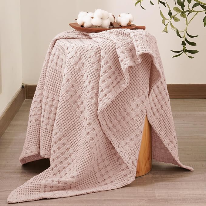 PHF 100% Cotton Waffle Weave Throw Blanket, Soft Lightweight Breathable Cozy Summer Throws for Couch Bed Sofa, Luxury Aesthetic Woven Blanket for Home Decor & Office, 50"x60", Pink/Mauve-Ruum Studio Home