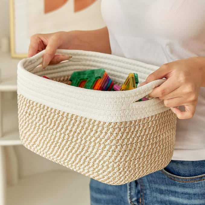 Small Cotton Rope Storage Basket Set of 3-11"x7"x7" Perfect Woven Baskets for Storage, Ideal Storage Baskets for Organizing Toys, Towels, and More - Baskets for Shelves（White & Mixed Camel）-Ruum Studio Home