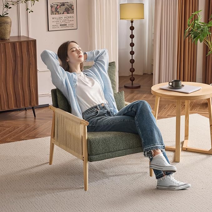 VINGLI Boho Braid Accent Armchair,Mid-Century Modern Chiar with Solid Wooden Armrest,Comfy Louge Cushion Chair with Waist Pillow for Bedroom,Living Room,Reading Room, Dark Green-Ruum Studio Home