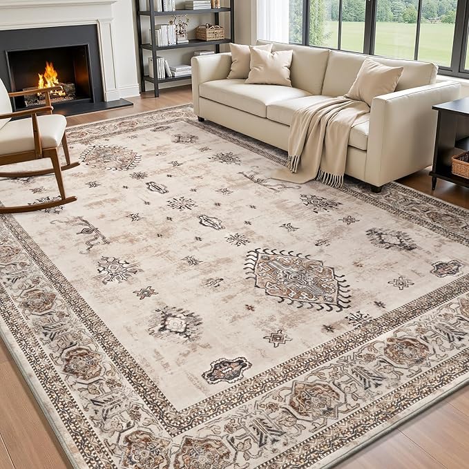 AMOAMI-Vintage Area Rug 8X10 Brown Rugs for Living Room-Soft Living Room Rug Non Slip Rugs for Bedroom Carpet Machine Washable Rug for Dining Room Bedside Office Room Decor-Ruum Studio Home
