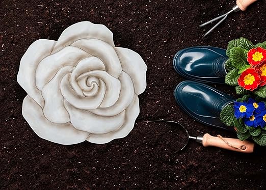 NAT & Jules Rose Flower Shaped Dimensional Indoor Outdoor 12 inch Cast Resin Decorative Garden Stepping Stone, Patio, Walkway Sculpture Yard Art, White-Ruum Studio Home