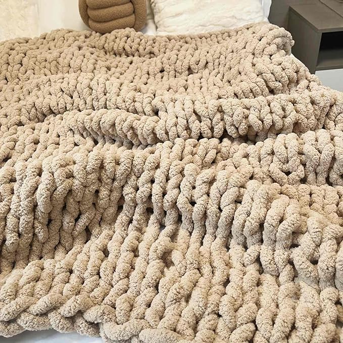 Chunky Knit Blanket Throw 40"×40", Chenille Throw Blankets, Handmade Warm & Cozy Blanket Couch Bed Home Decor, Soft Breathable Fleece Banket, Christmas for Couch Bed Sofa Best Gift (Tan)-Ruum Studio Home