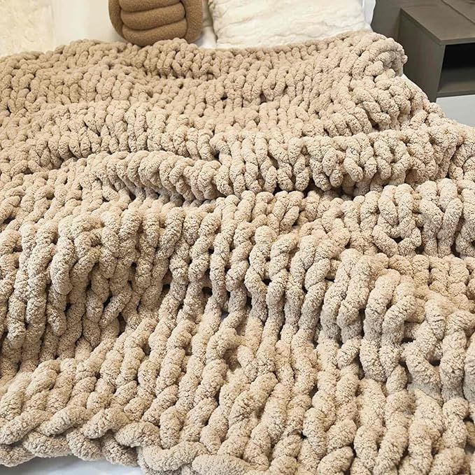 Chunky Knit Blanket Throw 40"x60", Chenille Throw Blankets, Handmade Warm & Cozy Blanket Couch Bed Home Decor, Soft Breathable Fleece Banket, Christmas for Couch Bed Sofa Best Gift (Tan)-Ruum Studio Home