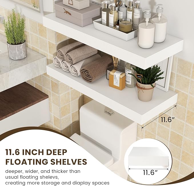 Deep Floating Shelves | 30 Inch Floating Shelves for Wall Set of 2 | 12 Inch Deep White Shelves for Living Room Bathroom Laundry Room Bedroom Kitchen Home Office - White-Ruum Studio Home