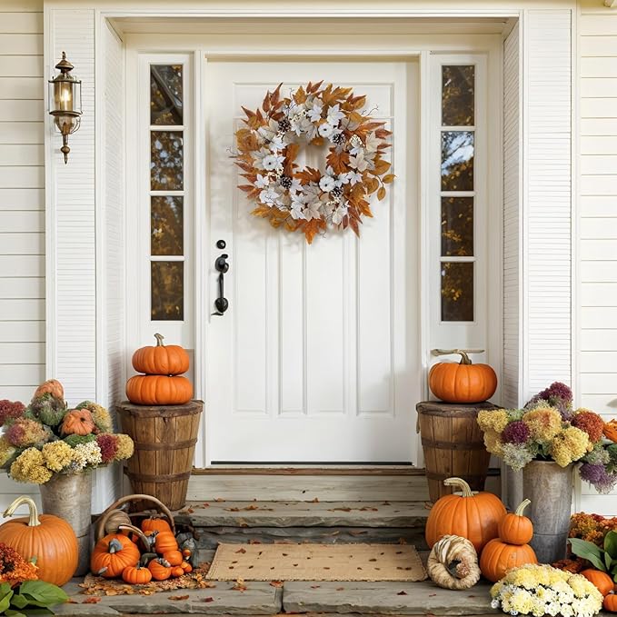 Fall Wreaths for Front Door Outside Autumn Wreath with Lights Berries Pine Cones Fall Decorations for Home Decor Pumpkin Wreath for Farmhouse Holiday Thanksgiving Harvest Halloween Outdoor-Ruum Studio Home