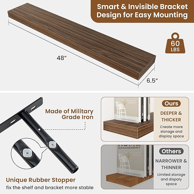 fuqing Floating Shelves for Wall, Bathroom Shelf Wall Mounted for Storage, Shelves with Invisible Bracket for Bedroom, Kitchen, Living Room, Farmhouse Small Book Shelf, 48 Inch Set of 2, Walnut-Ruum Studio Home
