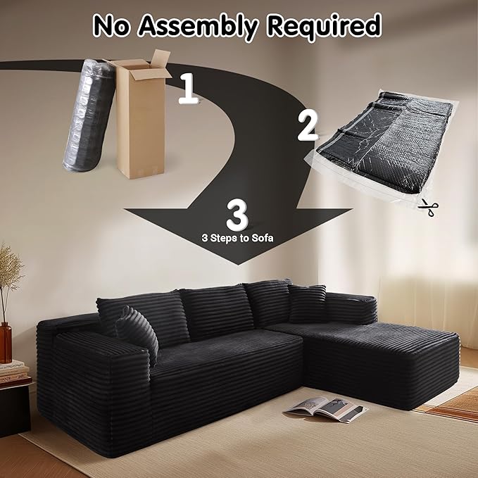 ovios 104" Cloud Sectional Couch with L-Shape Chaise,Modern Modular Sofa with Deep Seat, Upholstered Couches for Living Room Bedroom,No Assembly Required, Black (Plush Corduroy Fabric)-Ruum Studio Home
