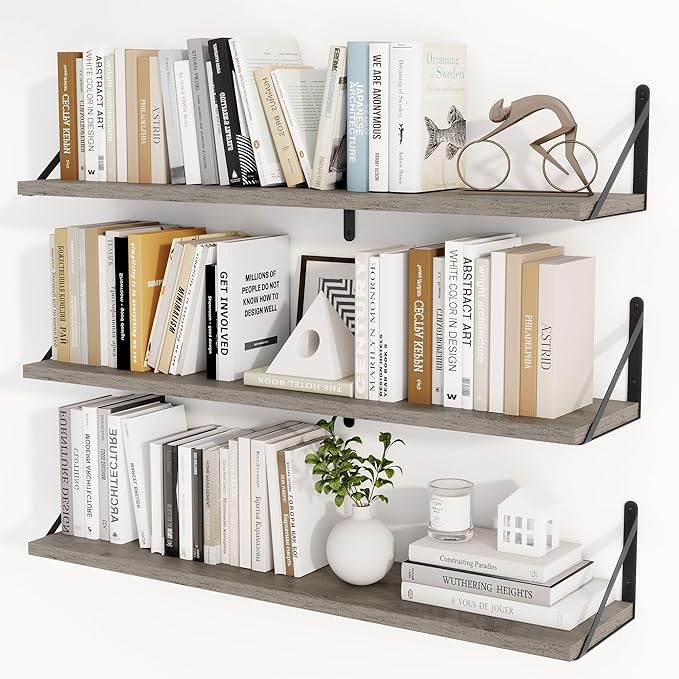 Heimlove 36 Inch Floating Bookshelves Set of 3,Wall Bookshelf Heavy Duty Wall Mounted Bookshelves for Living Room,Bedroom,Kitchen,Laundry Room Storage & Decor,Silver Grey-Ruum Studio Home