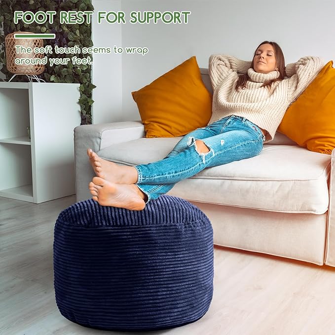 HIGOGOGO Round Stuffed Pouf Ottoman, Corduroy Poufs with Foam Chunk Filling, Furry and Fluffy Pouf Foot Stool Storage Ottoman, 26 X 18 Floor Poufs Foot Rest for Living Room, Navy-Ruum Studio Home
