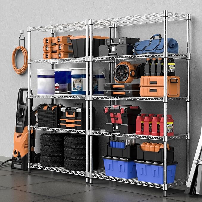 1250 lbs Steel Heavy Duty 5-Tier Utility Shelving Unit Steel Organizer Wire Rack for Home,Kitchen,Office,Chrome (13.7" D x 23.6" W x 62.4" H)-Ruum Studio Home
