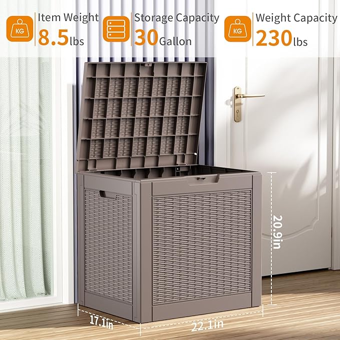 30 Gallon Resin Deck Box, Lockable Patio Outdoor Storage Box for Furniture, Garden Tools and Tools Storage, Waterproof Outside Storage Boxes - Grey-Ruum Studio Home