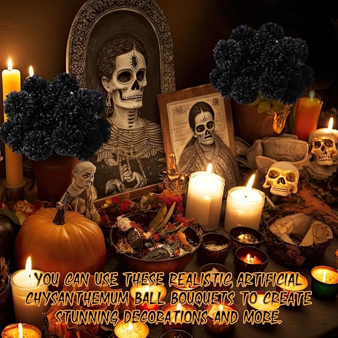 Kimura's Cabin 20Pcs Black Fake Ball Flowers Artificial Silk Chrysanthemums Faux Mums Flower Bouquets for Halloween Home Festive Party Decor Kitchen Table Centerpiece(Black)-Ruum Studio Home