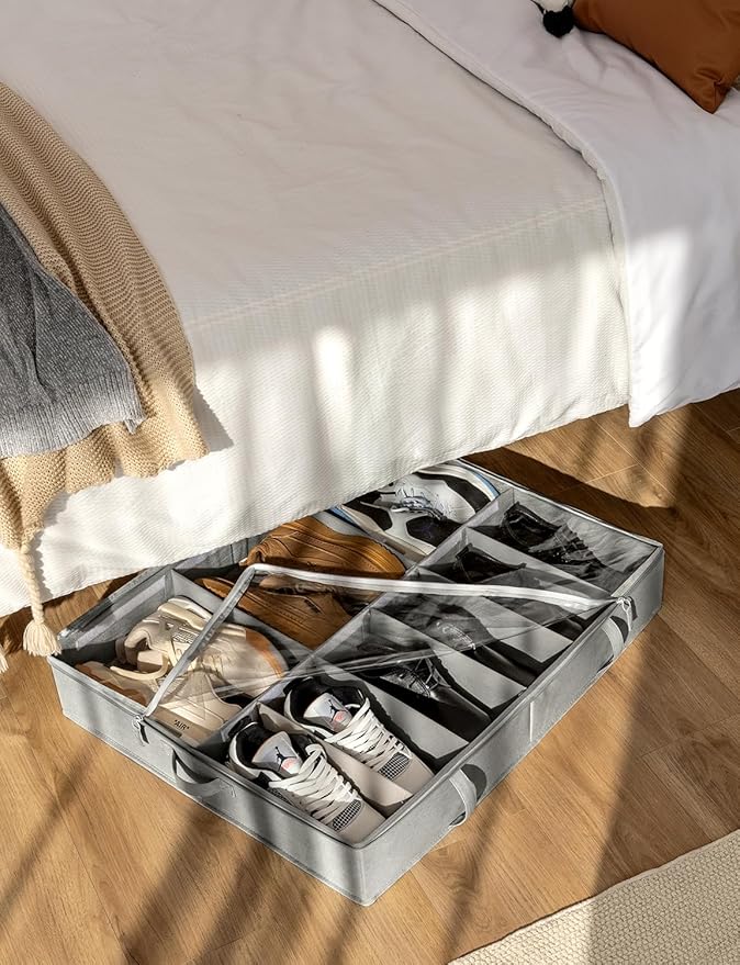 StorageWorks Under Bed Shoe Storage Organizer, Underbed Shoes Container with Adjustable Dividers, Shoe Storage Basket with Cover, Grey, 2-Pack, Space-Saving Shoe Box Fits up to 24 Pairs-Ruum Studio Home