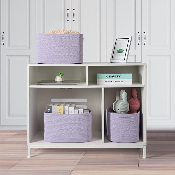 Cotton Rope storage Basket Bins Woven Basket for Organizing Shelves Rectangle Decorative Baskets For storage Clothes Toys Books Towels Square Wicker Nursery basket organizer 3 pack purple lavender-Ruum Studio Home