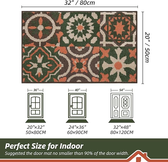 BEQHAUSE Dirt Trapper Door Mat 20" x 32", Non-Slip Entryway Rugs Washable, Floor Mat Stain Resistant and Absorbent Welcome Mat for Front Back Door, Muddy Wet Shoes & Paws, Boho Geometric Floral-Ruum Studio Home