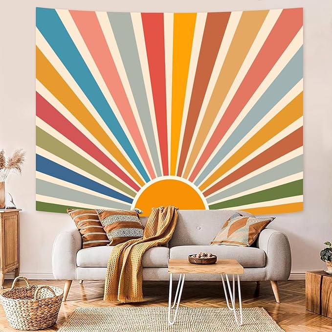 Kanuyee Boho Burning Sun Tapestry Wall Hanging, Retro 70s Abstract Vintage Geometric Rainbow Sunrise Tapestries for Bedroom Living Room Backdrop 60×80 inch-Ruum Studio Home