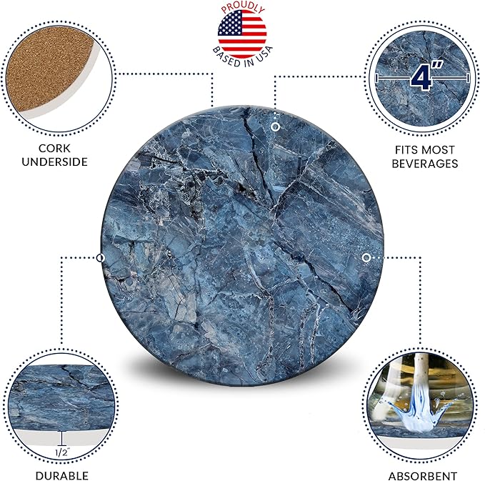 Emerson Coasters for Drinks Absorbent – Natural Stone Drink Coasters Set with Holder, Coasters for Coffee Table, Wooden Tabletop Protection Marble Style – 100% Heavy Duty Set of 6 (Mystic)-Ruum Studio Home