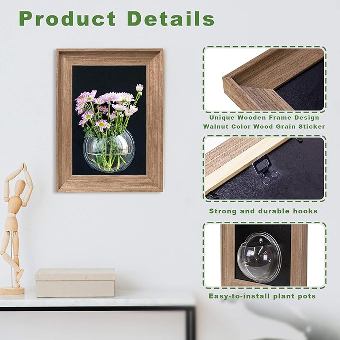 Walnut Wooden Frame Wall Hanging Planter for Hydroponic Plants，12'' x16''inch Wall Vase with Oblate-Shaped Acrylic Propagation Station，Bathroom, Office, or Living Room Decor, Set of 3-Ruum Studio Home