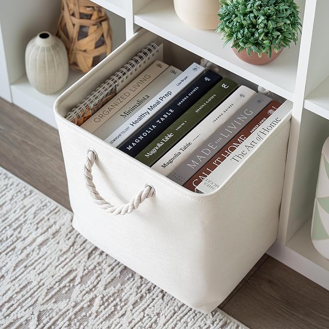 OrganiHaus 13x13 Cube Storage Bins 4 Pack, Foldable Cube Storage Organizer w/ Rope Handles, Collapsible Fabric Bins for Toys, Clothes & Closet Organization, Fabric Square Baskets - Off-White-Ruum Studio Home
