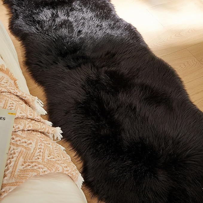AMTOVO Faux Sheepskin Rug, Black Ultra Soft Fluffy Shag Area Rug, 2 x 6 ft Faux Fur Rug for Bedroom Sofa Throw Cushion Room Decor, Sheepskin-Ruum Studio Home