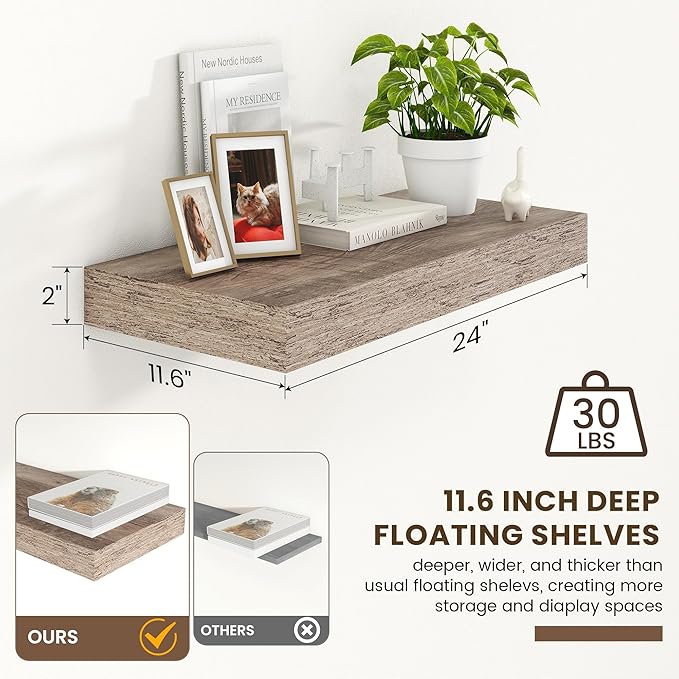 Deep Floating Shelves for Wall | 24 Inch Wide x 12 Inch Deep Floating Shelves | 24W x 12D Rustic Grey Wood Wide Wall Shelves | Bookshelf Laundry Shelf TV Shelf-Ruum Studio Home