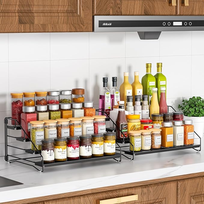 RCHYFEED Spice Rack Organizer for Cabinet Pantry,4 Tier Spice Rack Countertop,Tierd Spice Organization Easy Visibility, Depth Adjustable Seasoning Organizer for Cabinet (Black, 2Pack)-Ruum Studio Home