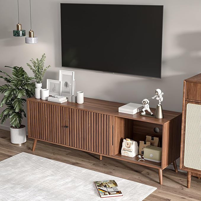 Mid Century Modern TV Stand for Televisions up to 70 Inches, with Sliding Doors and Storage, Television Stands, TV Consoles, Media Consoles for Living Room, 63 Inch (Walnut)-Ruum Studio Home