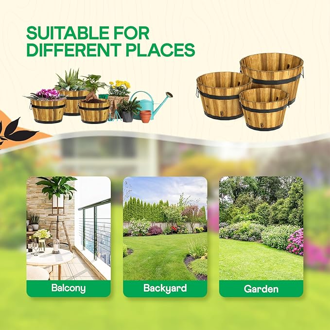 IDZO Set of 3 Wooden Flower Planters for Outdoor Plants, Acacia Wood Barrel Planters, Ergonomic Handles, Drainage Holes, Various Sizes, Golden Teak-Ruum Studio Home