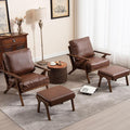 Brown Leather Accent Chair and Ottoman, Mid Century Modern Arm Chair, Retro Upholstered Armchair with Wood Frame & Removable PU Cushions, Large Leisure Slipper Chair for Living Room/Bedroom, Set of 2-Ruum Studio Home