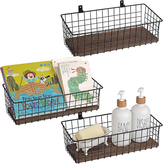Wall Hanging Baskets 3 Pack, Extra Large Diversified Wire Basket Shelves of Wooden Style, with Wall Mounted Hooks & Traceless Stickers, for Kitchen Coffee Bar Office Room Garage Storage Organization-Ruum Studio Home