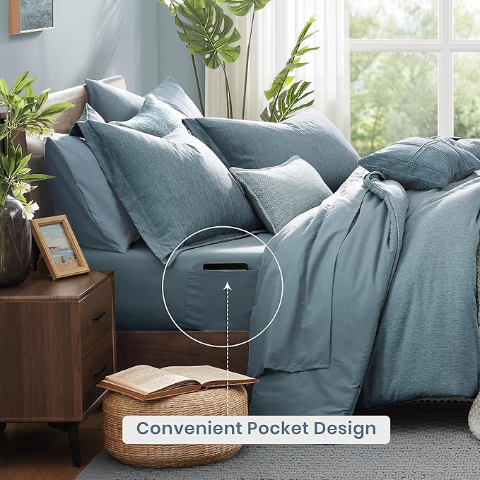 Monbix Queen Comforter Set - 7 Pieces Dusty Blue Cationic Dyeing Bed in a Bag Queen Bedding Sets with Sheets, Pillowcases & Shams, Reversible Bedding Comforters-Ruum Studio Home