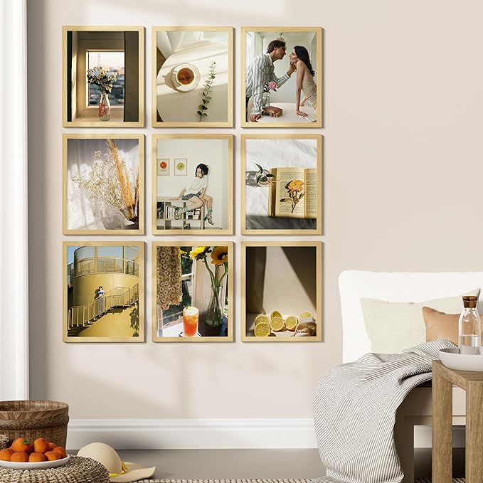 Vittanly 11x14 Picture Frames Set of 9, Shatter Resistant Plexiglass, Display 8x10 Pictures with Mat or 11x14 without Mat, Photo Frames for Wall or Tabletop, Engineered Wood, OAK-Ruum Studio Home