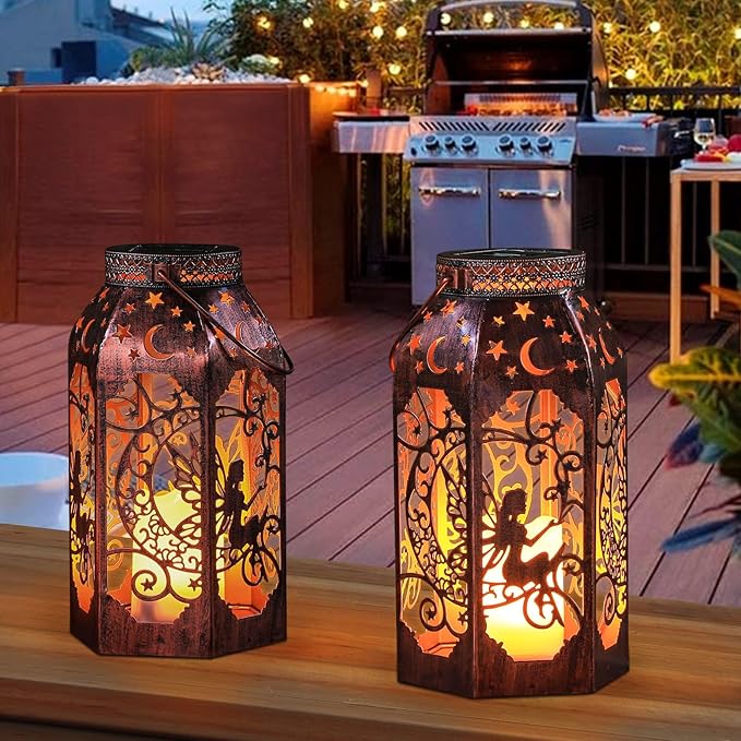Solar Lanterns Outdoor Garden Hanging Lantern Waterproof LED Metal Bronze Moon Fairy Lantern Waterproof Flickering Flameless Candle Mission Lights for Table,Patio,Mother's Day Gift(2Pack)-Ruum Studio Home