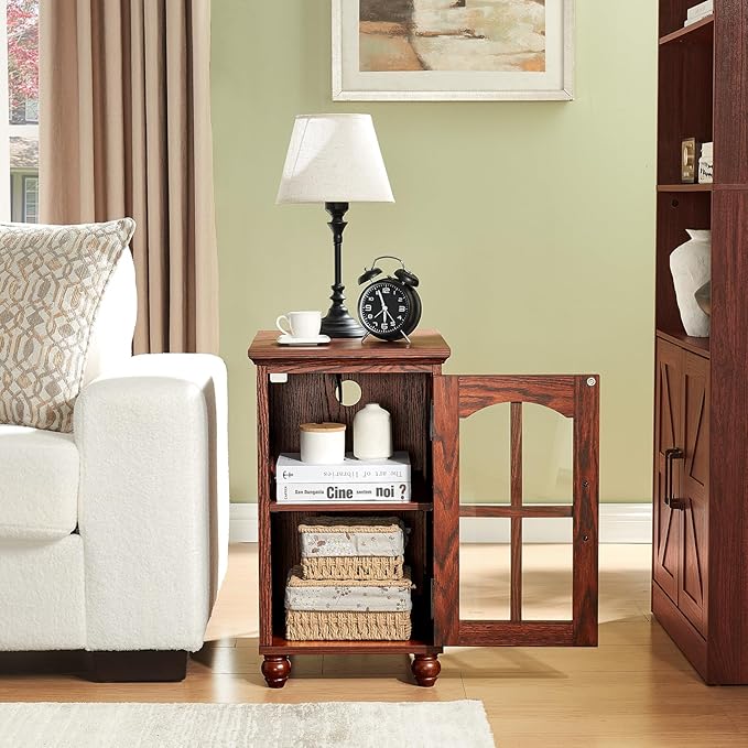Narrow Side Table,Farmhouse Nightstand with Charging Station,Wood End Table with Glass Barn Door Storage, Cabinet Organizer with Adjustable Shelf, Night Stand for Small Spaces for Living Room Bedroom-Ruum Studio Home