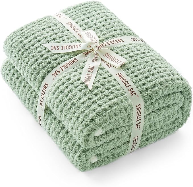 Snuggle Sac Sage Green Waffle Throw Blanket for Couch Bed Sofa 60x80 inches, Reversible Sage Green Blanket Microfiber Fluffy Fuzzy Cozy Knit Twin Blanket for Women Mothers Birthday Gifts-Ruum Studio Home