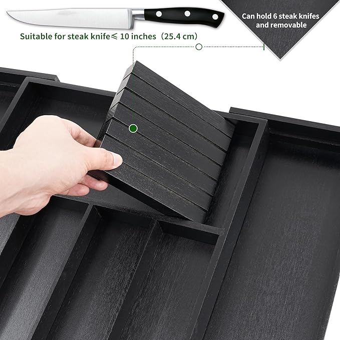 VaeFae Premium Bamboo Silverware Drawer Organizer Kitchen, Expandable Utensil Organizer with Knife Block, Cultery Tray with Divider for Flatware (Black)-Ruum Studio Home