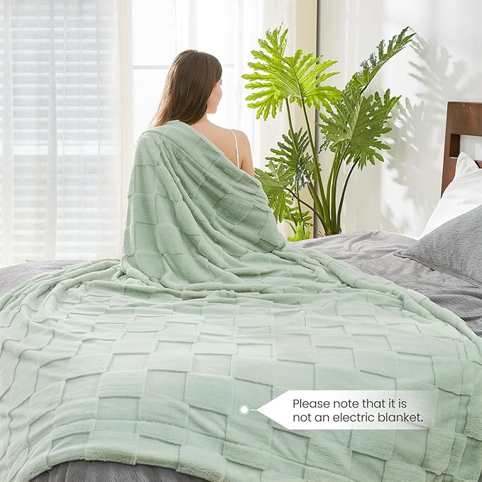 Cozy Bliss Checkered White Faux Rabbit Fur Throw Blanket, Soft Fuzzy Fluffy Minky Cream Furry Blankets for Couch, Bed (Sage Green, King(108" x 90")-Ruum Studio Home