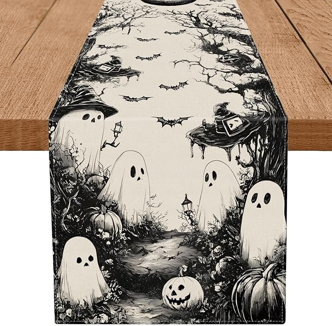 GPGHE Halloween Table Runner Black Ghost Holiday Burlap Table Decoration Indoor Outdoor Home Decor Party Supply 13 x 72 Inch-Ruum Studio Home