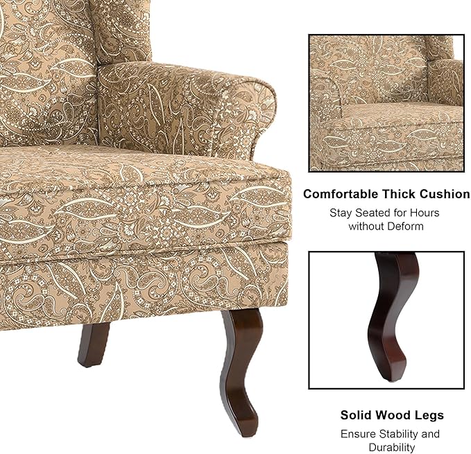 Accent Chair, High Back Upholstered Armchair with High Resilience Sponge & Wood Legs, Mid-Century Modern Comfy Single Sofa Reading Chairs for Living Room, Bedroom (Floral Light Brown, Set of 1)-Ruum Studio Home