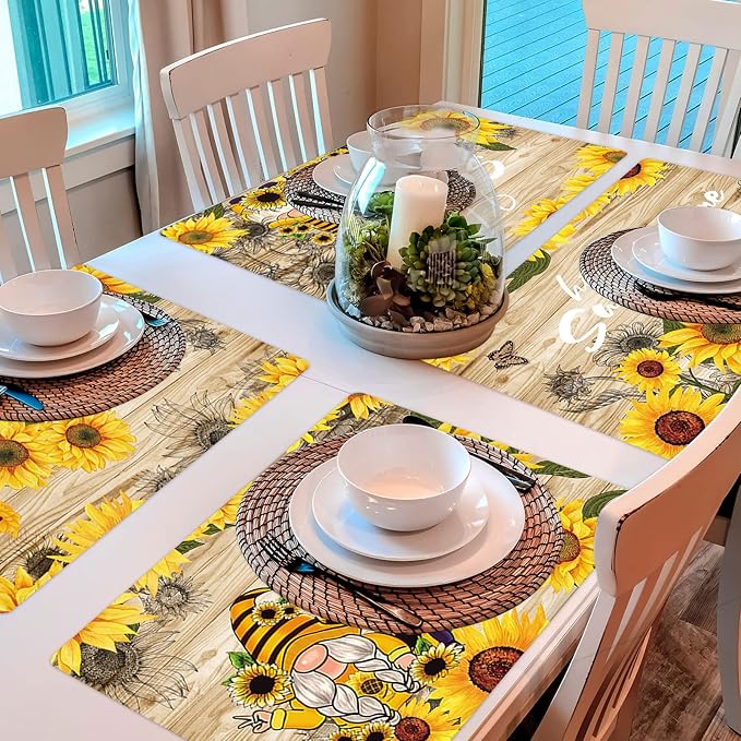 Sunflower Placemats Set of 6 Sunshine Plastic Table Mats Vintage Sunflower Theme Place Mats Summer Holiday Washable Table Placemats for Indoor Outdoor Party Kitchen Dining-Ruum Studio Home