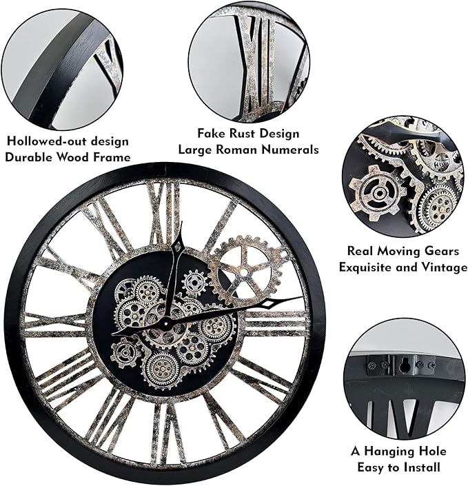 The B-Style 36" Large Moving Gear Wall Clock Oversized Vintage Farmhouse Wall Clocks for Living Room Decor Rustic Industrial Wood Clock (Black and Bronze)-Ruum Studio Home